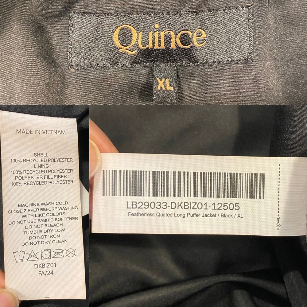 QUINCE Featherless Quilted Long Puffer Jacket XL Black Down Alternative Travel - Picture 9 of 13